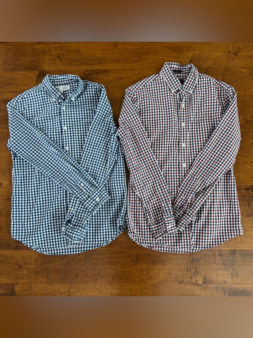 Men’s small J.Crew maroon & navy, Gap navy & white down dress shirts